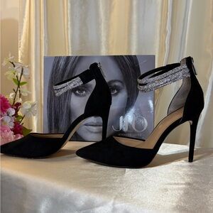 J Lo Black Pointed Toe w/ Rhinestone Strap- Size 8